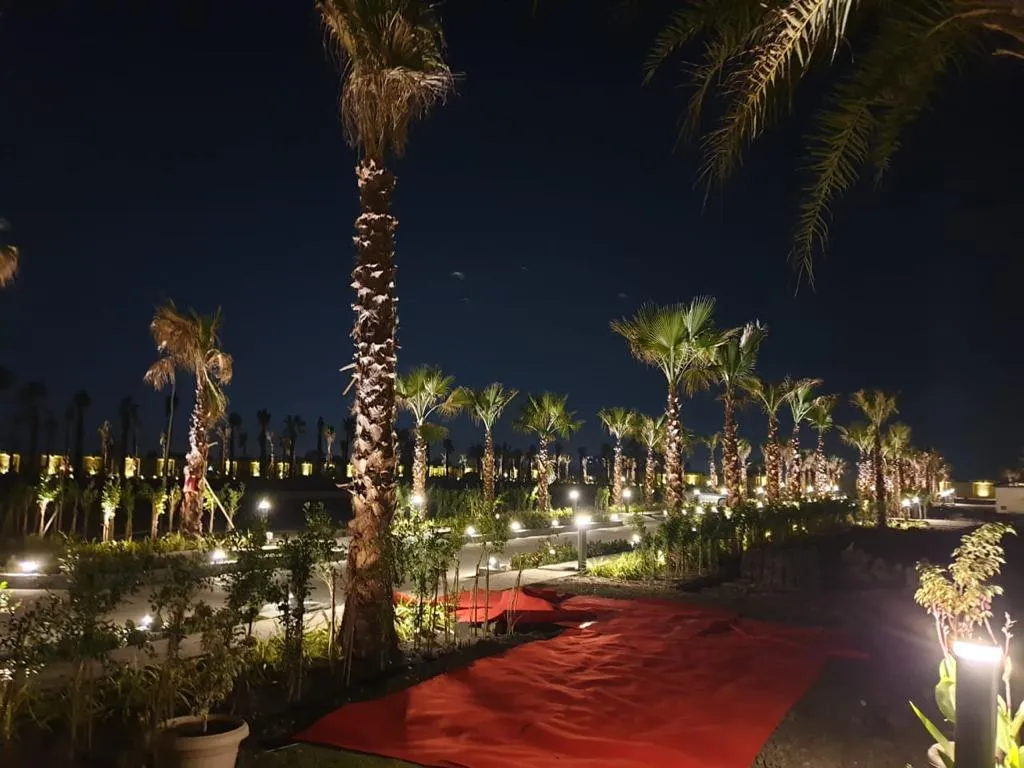 Palm avenue with a red carpet at dusk, The Privé, Indore