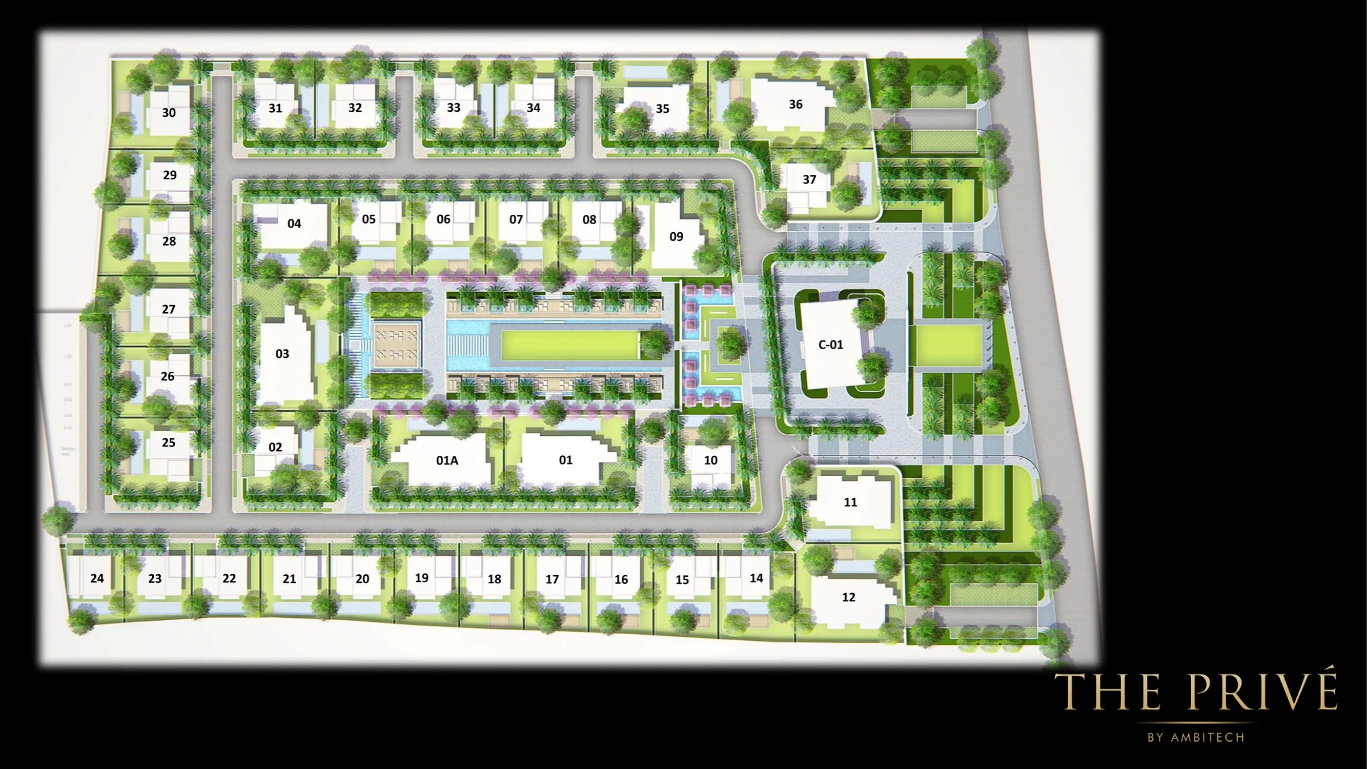 Site plan of The Privé — 37 numbered residences around a central pool and the Owners' Club